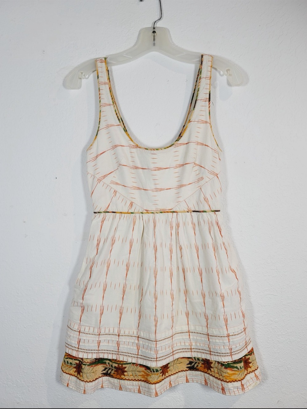 New Romantics White Mini Dress with Orange and Green Trim, Size 6